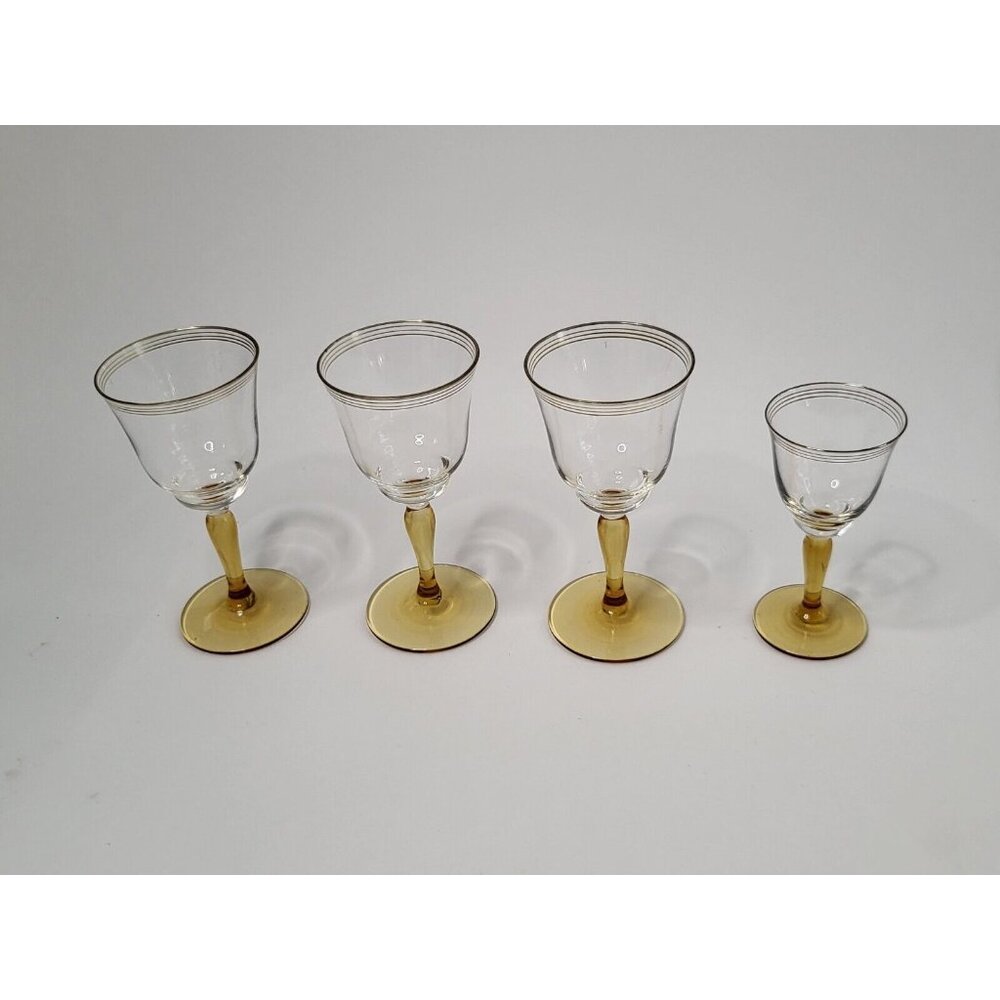 Set Of 3 + 1 Vintage Gold Rim Footed Cordial Sherry Liquor Glasses Amber Stems